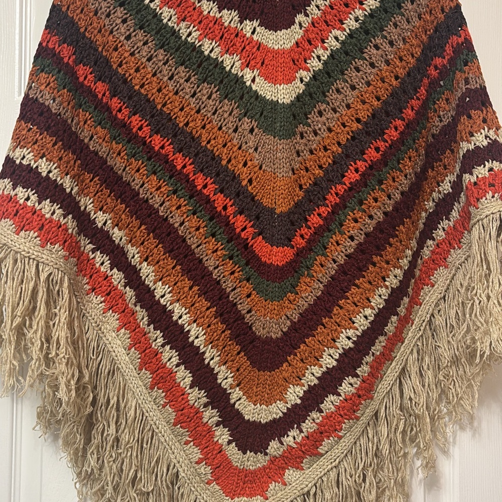 Buckle Striped Knit Poncho with Fringe
